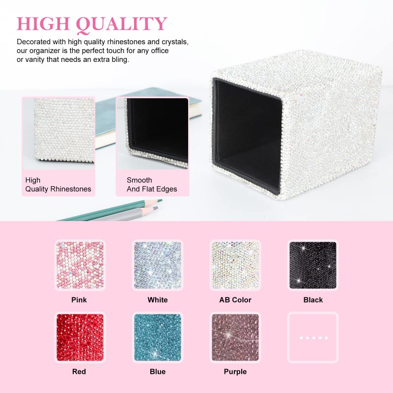 KEYPOWER Crystal Pencil Pot Holder Box Bling Rhinestone Pen Organizer Holder Cosmetic Pen Container Comb Brushes Personalized (Square White&AB Color) - Image 5